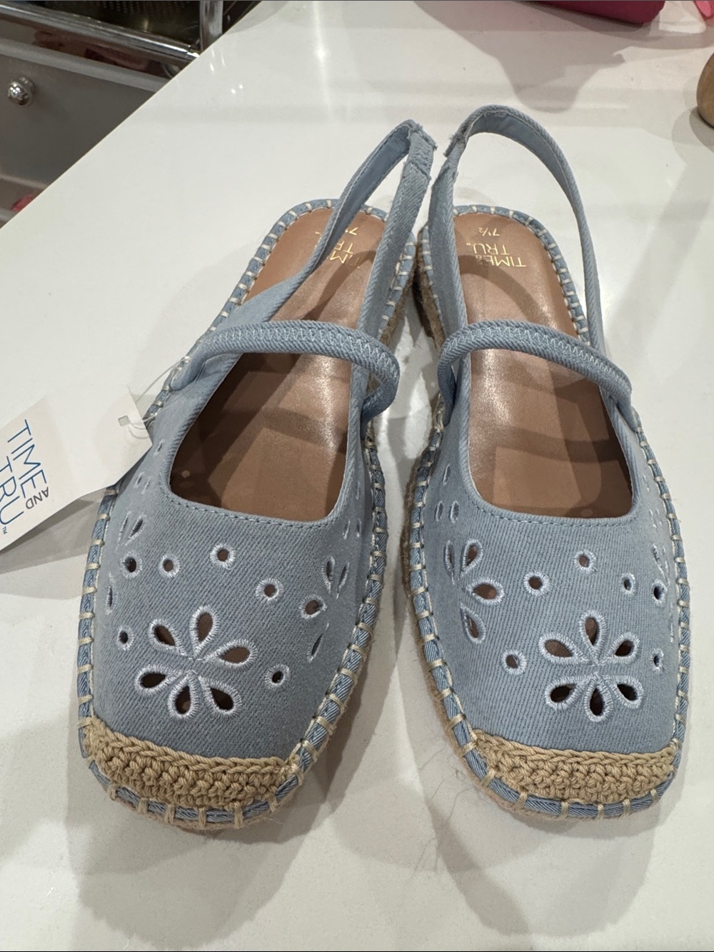 Time and Tru Light Blue Floral Cutout Slingback Espadrilles